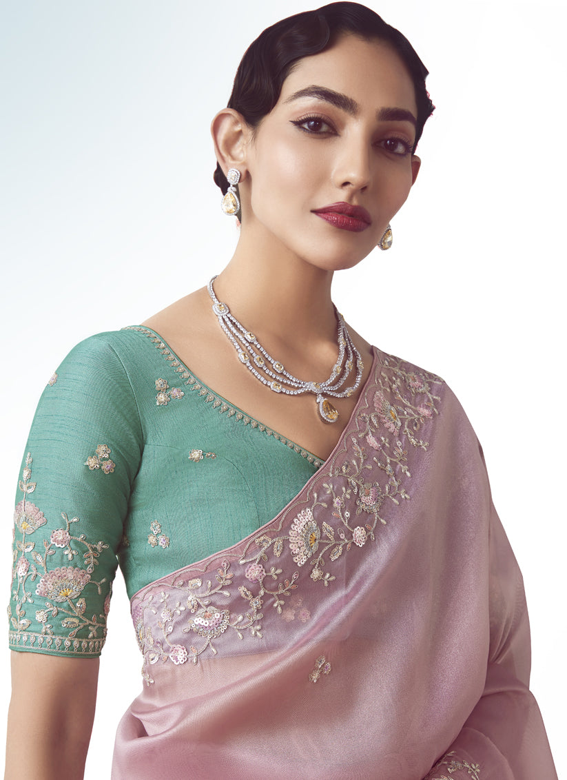 Ravishing Rose Pink Tissue Organza Embroidered Wedding Saree