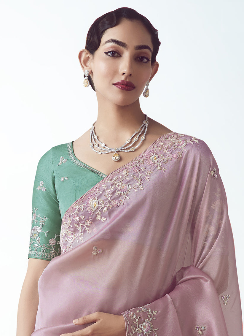 Ravishing Rose Pink Tissue Organza Embroidered Wedding Saree