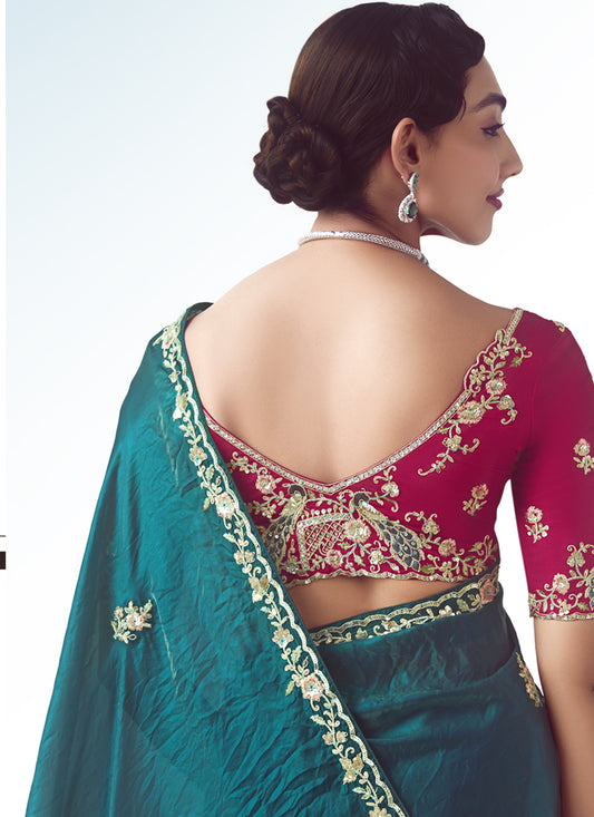 Bewitching Peacock Blue Tissue Organza Embroidered Wedding Saree