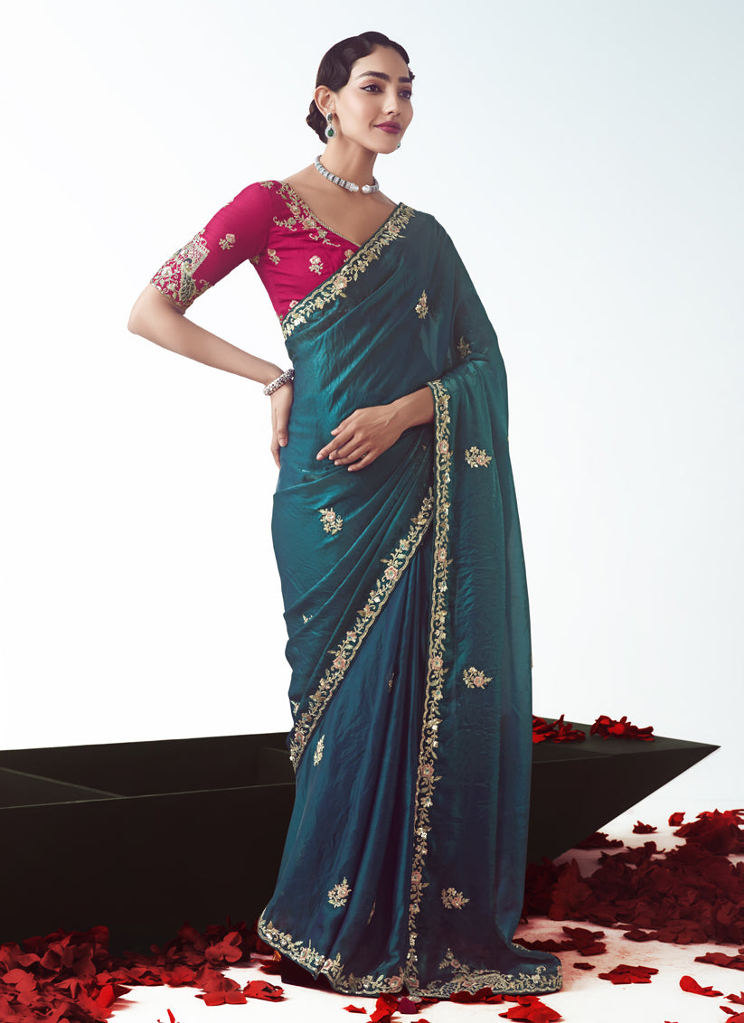 Bewitching Peacock Blue Tissue Organza Embroidered Wedding Saree