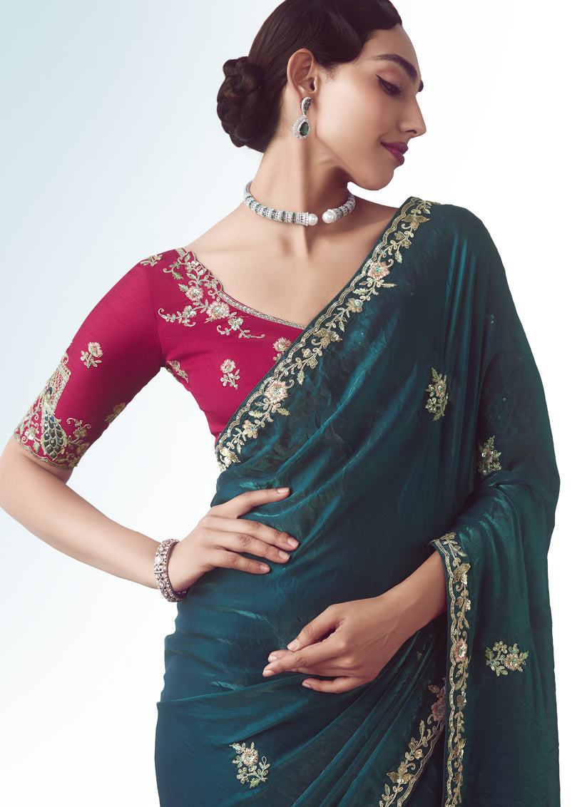 Bewitching Peacock Blue Tissue Organza Embroidered Wedding Saree