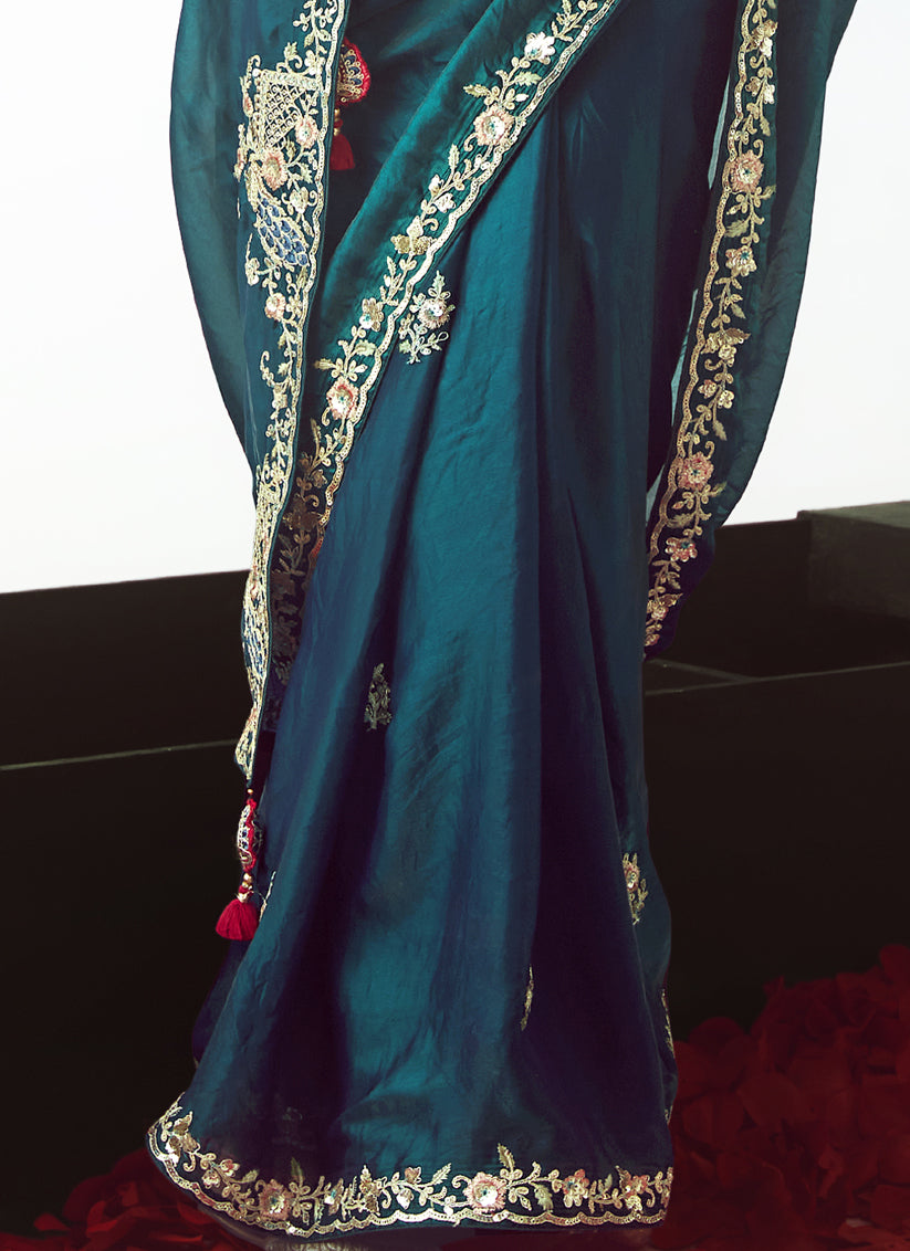 Bewitching Peacock Blue Tissue Organza Embroidered Wedding Saree
