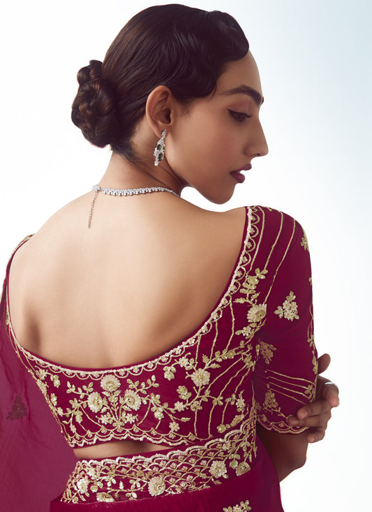 Pretty Strawberry Tissue Organza Embroidered Wedding Saree