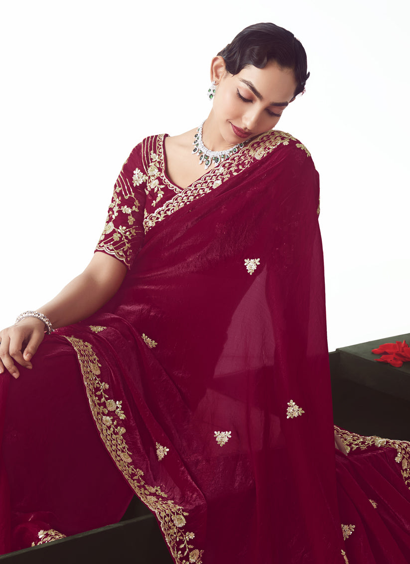 Pretty Strawberry Tissue Organza Embroidered Wedding Saree