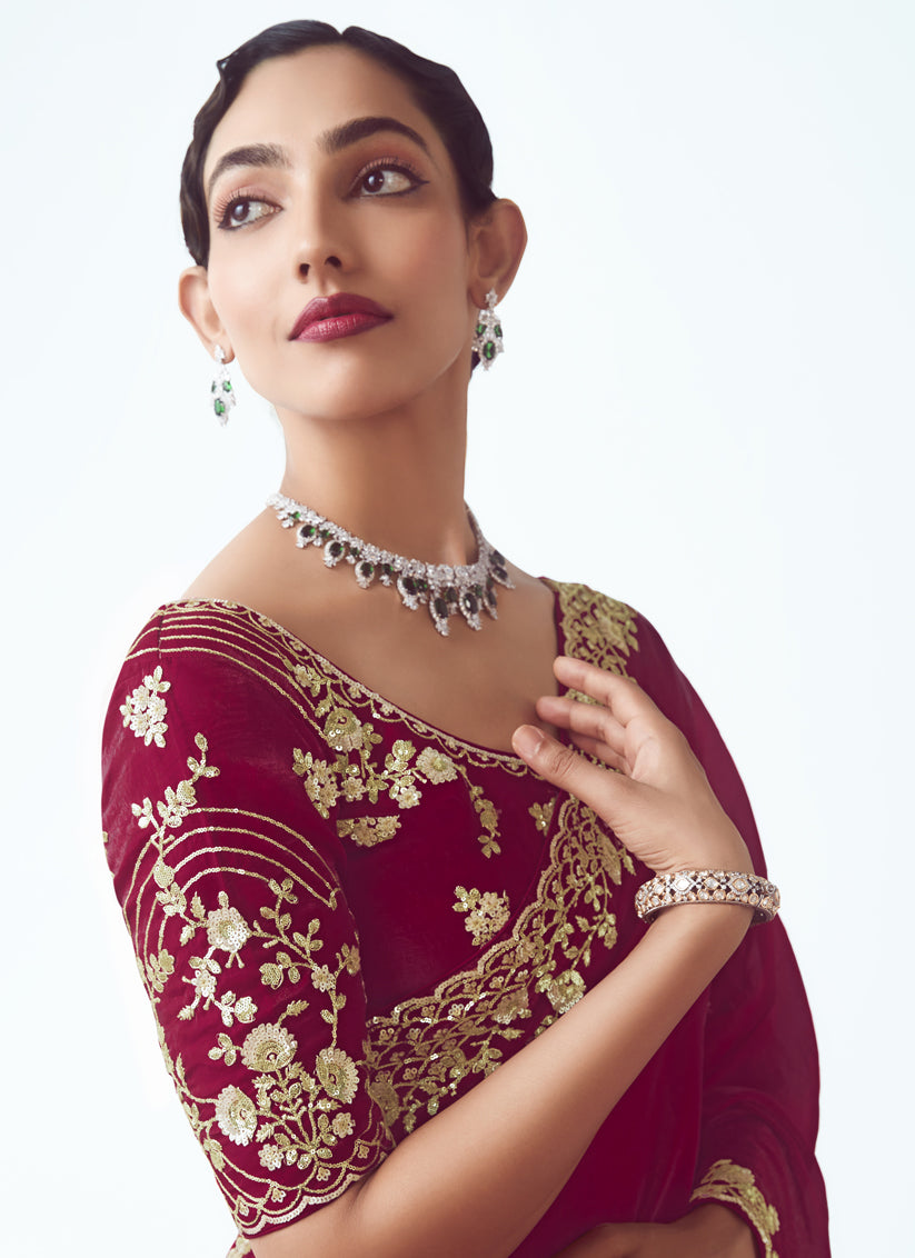 Pretty Strawberry Tissue Organza Embroidered Wedding Saree
