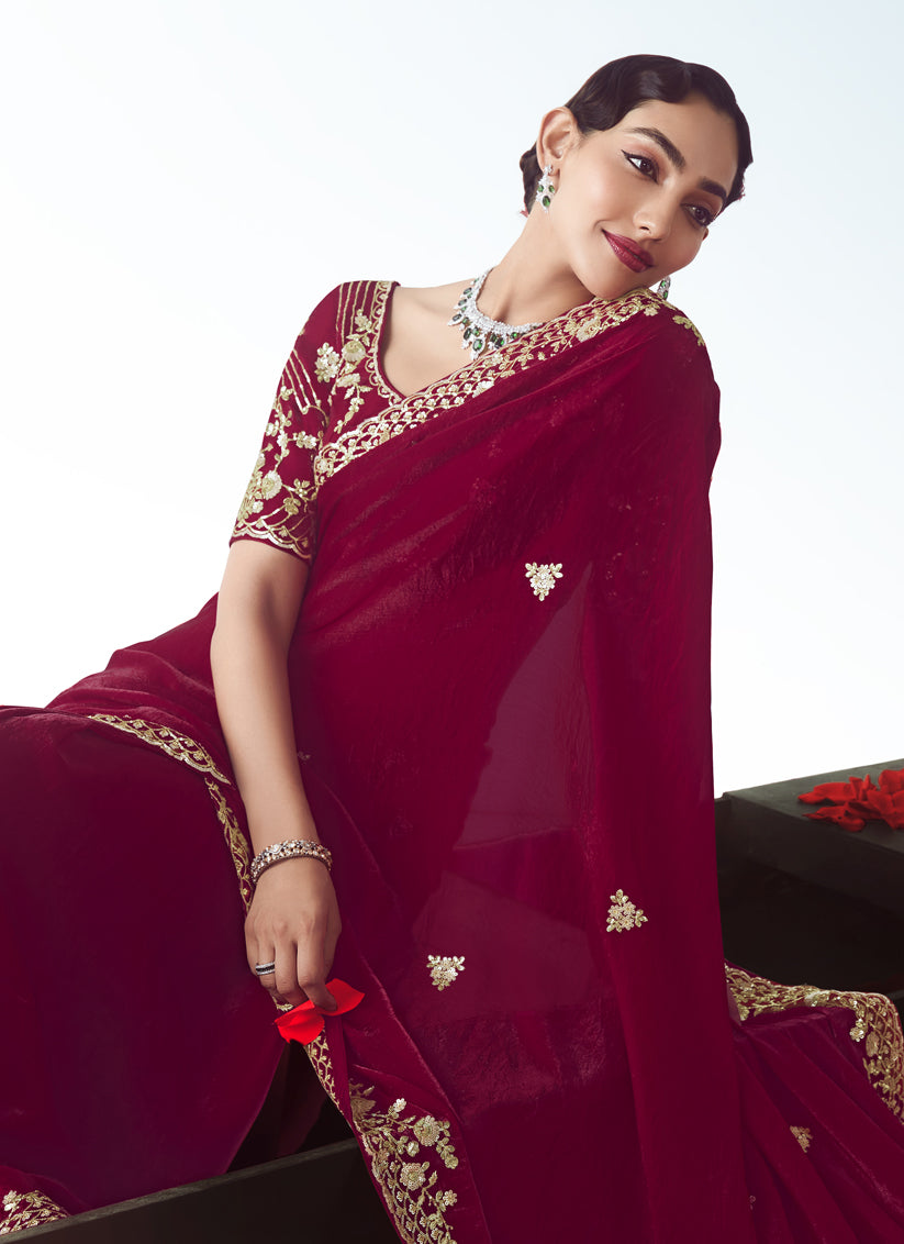 Pretty Strawberry Tissue Organza Embroidered Wedding Saree