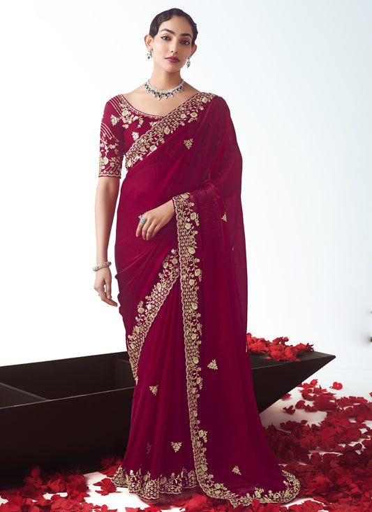 Pretty Strawberry Tissue Organza Embroidered Wedding Saree