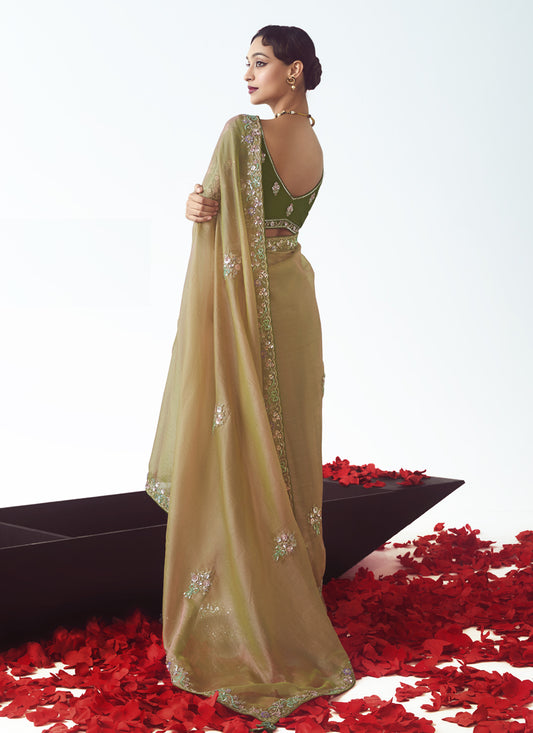 Magnetic Beige Tissue Organza Embroidered Wedding Saree