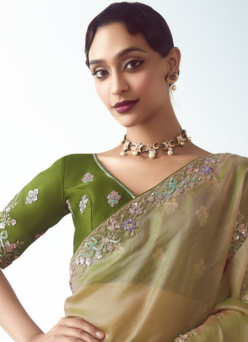 Magnetic Beige Tissue Organza Embroidered Wedding Saree