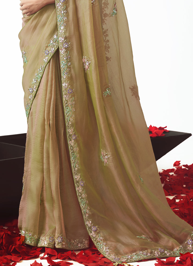 Magnetic Beige Tissue Organza Embroidered Wedding Saree