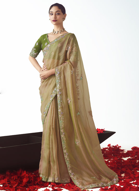 Magnetic Beige Tissue Organza Embroidered Wedding Saree