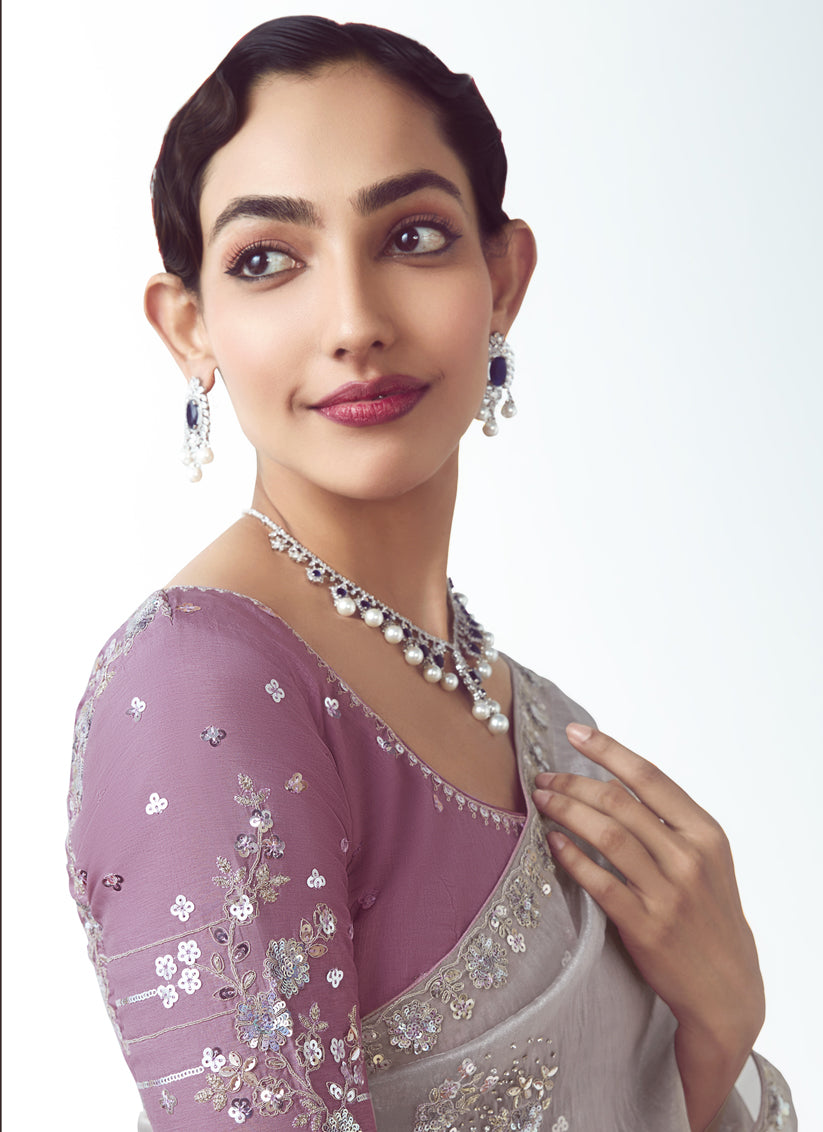 Lovely Silver Tissue Organza Embroidered Wedding Saree