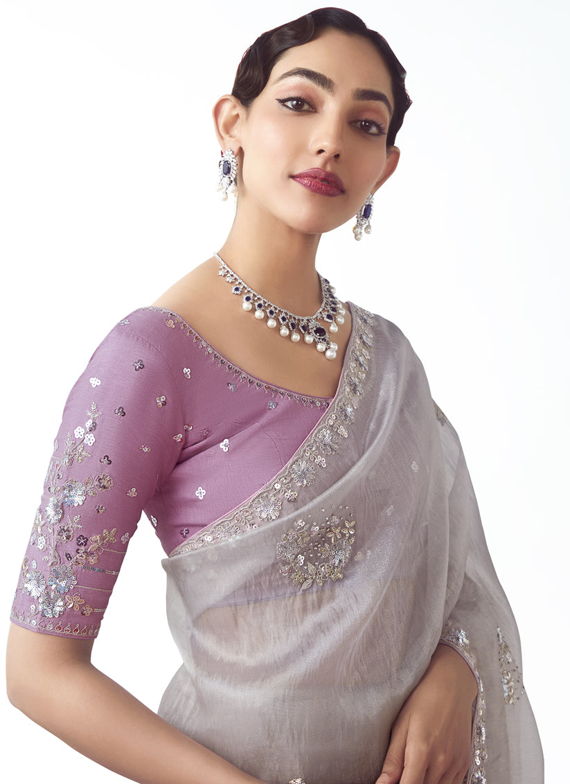 Lovely Silver Tissue Organza Embroidered Wedding Saree