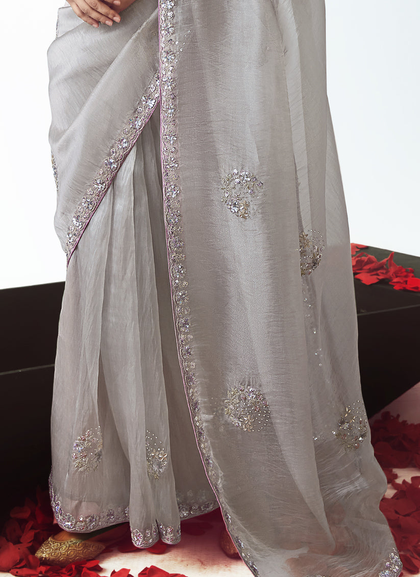 Lovely Silver Tissue Organza Embroidered Wedding Saree