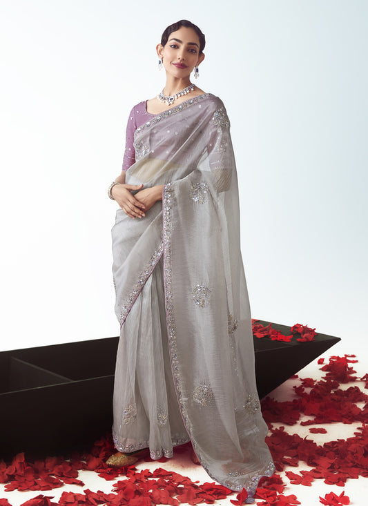 Lovely Silver Tissue Organza Embroidered Wedding Saree