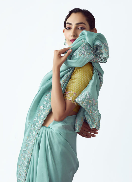 Awesome Aqua Blue Tissue Organza Embroidered Wedding Saree
