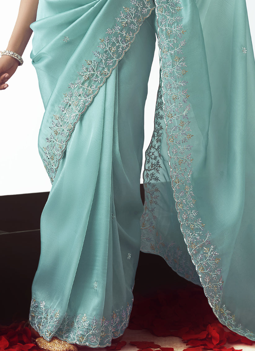Awesome Aqua Blue Tissue Organza Embroidered Wedding Saree