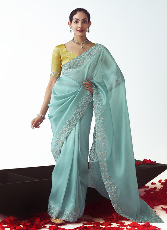 Awesome Aqua Blue Tissue Organza Embroidered Wedding Saree
