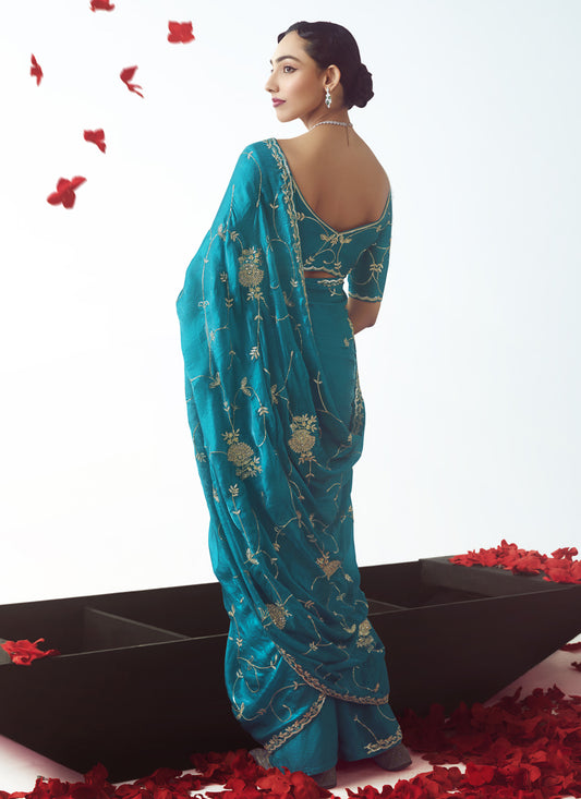Glamorous Azure Blue Tissue Organza Embroidered Wedding Saree