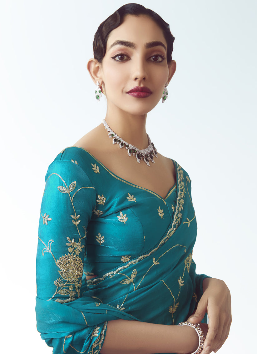 Glamorous Azure Blue Tissue Organza Embroidered Wedding Saree