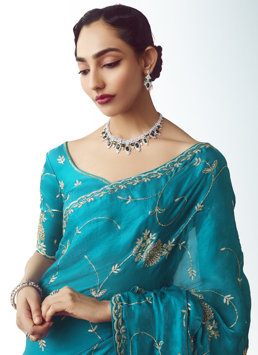 Glamorous Azure Blue Tissue Organza Embroidered Wedding Saree