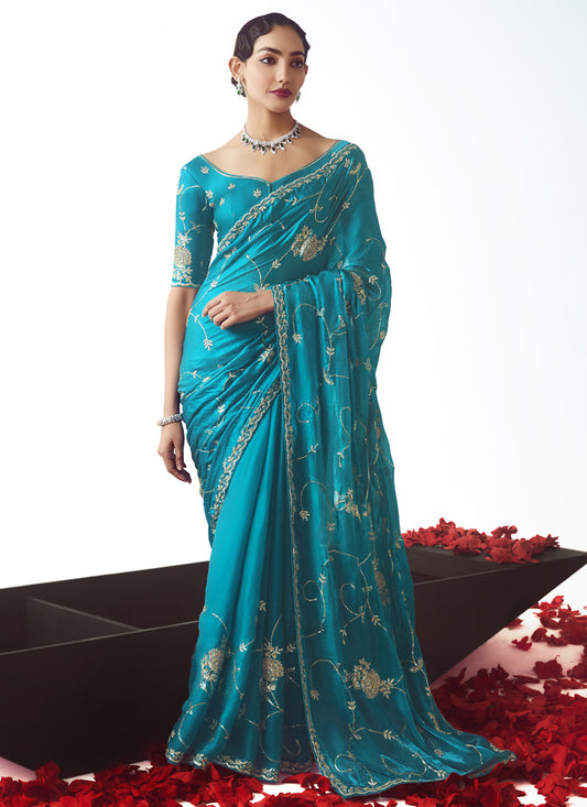 Glamorous Azure Blue Tissue Organza Embroidered Wedding Saree