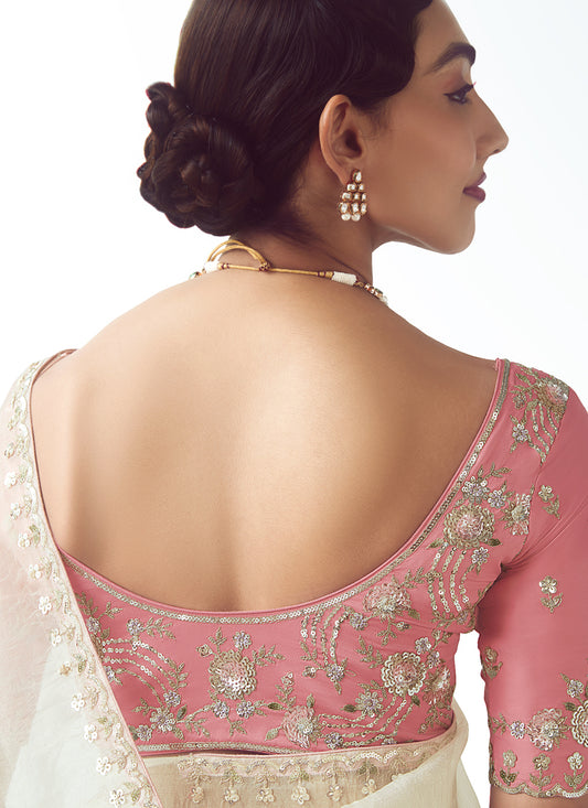 Marvelous Pearl White Tissue Organza Embroidered Wedding Saree