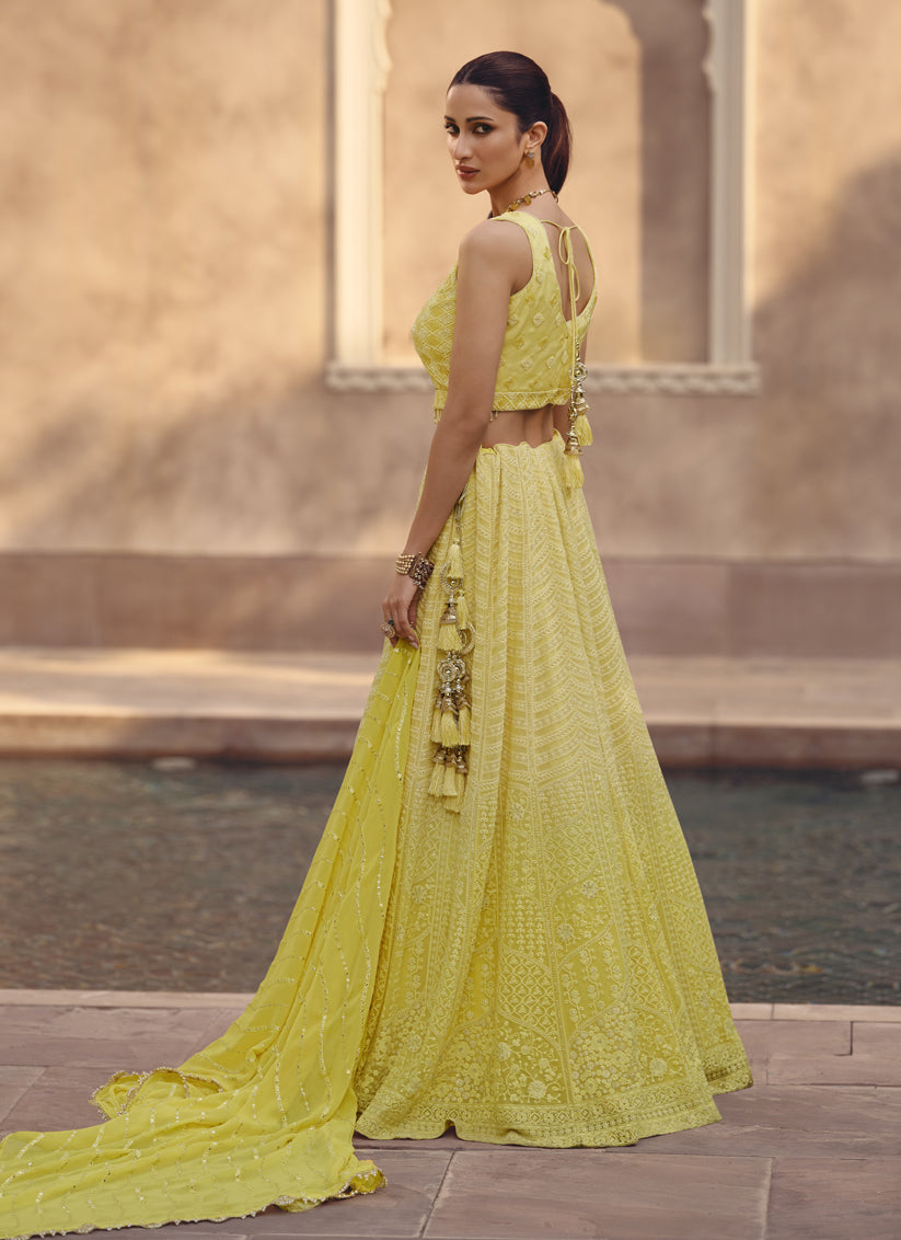 Lemon Yellow Georgette Lakhnavi Embroidered Lehenga Choli