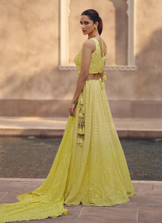 Lemon Yellow Georgette Lakhnavi Embroidered Lehenga Choli