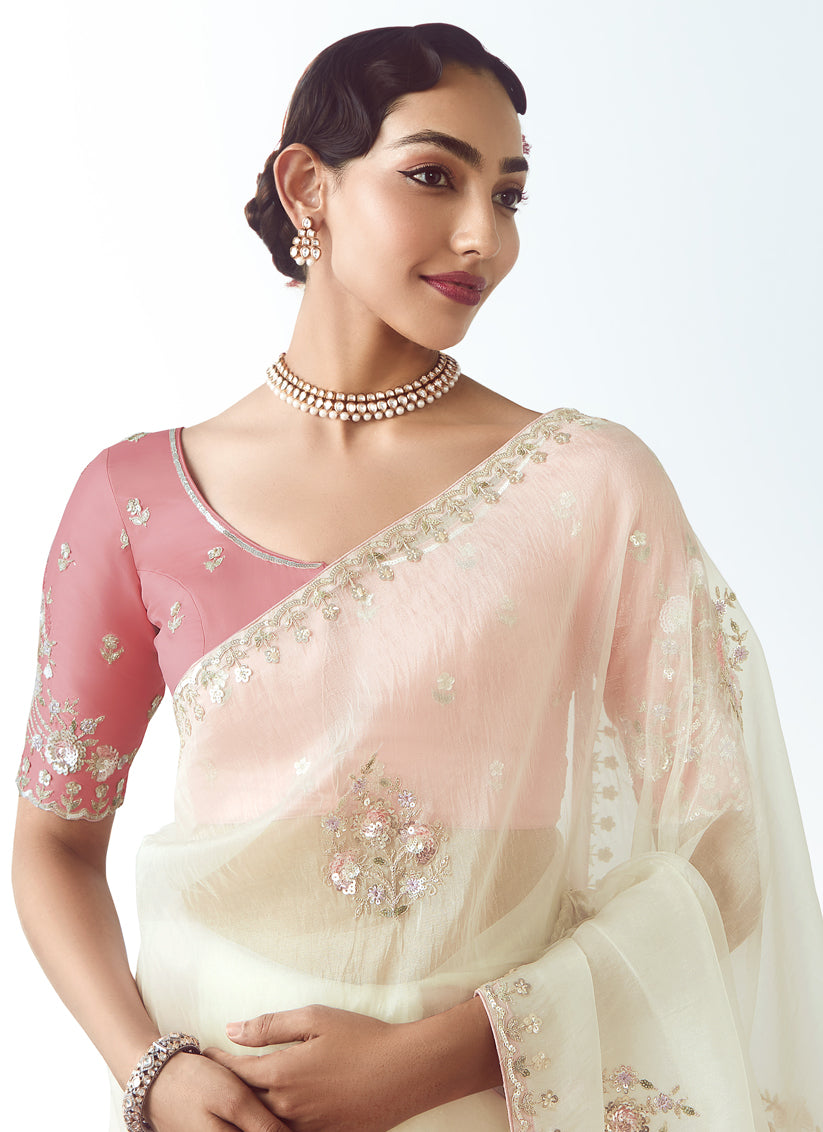 Marvelous Pearl White Tissue Organza Embroidered Wedding Saree