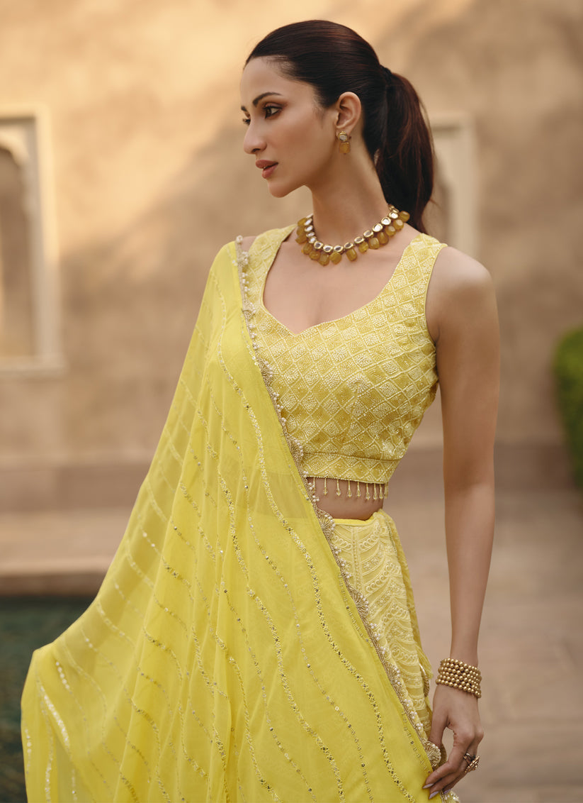 Lemon Yellow Georgette Lakhnavi Embroidered Lehenga Choli