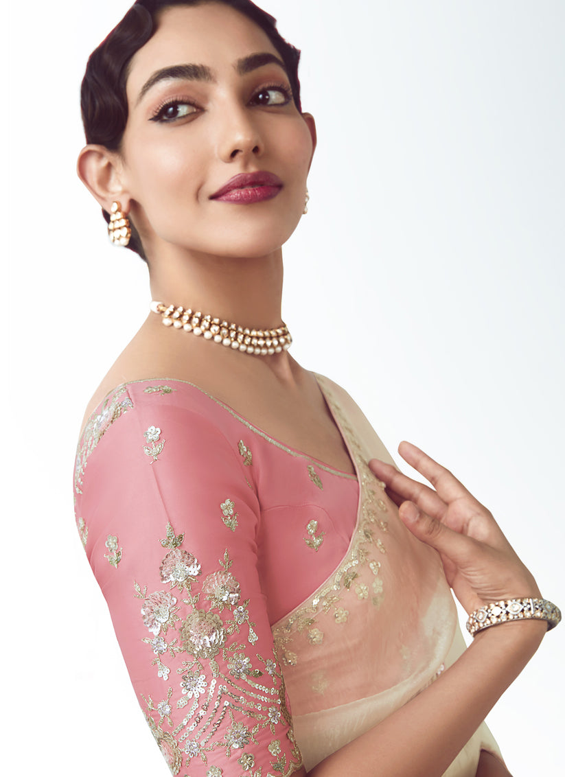Marvelous Pearl White Tissue Organza Embroidered Wedding Saree