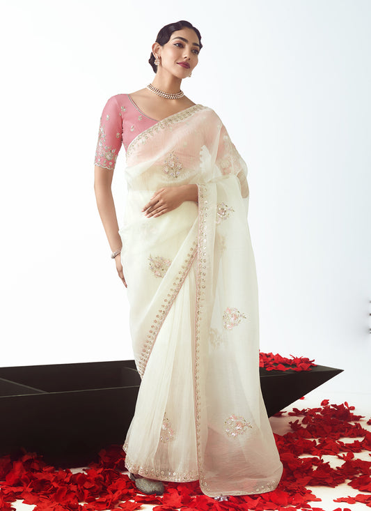 Marvelous Pearl White Tissue Organza Embroidered Wedding Saree