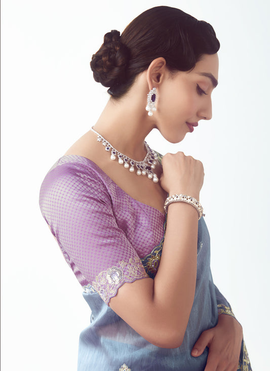 Stunning Slate Blue Tissue Organza Embroidered Wedding Saree