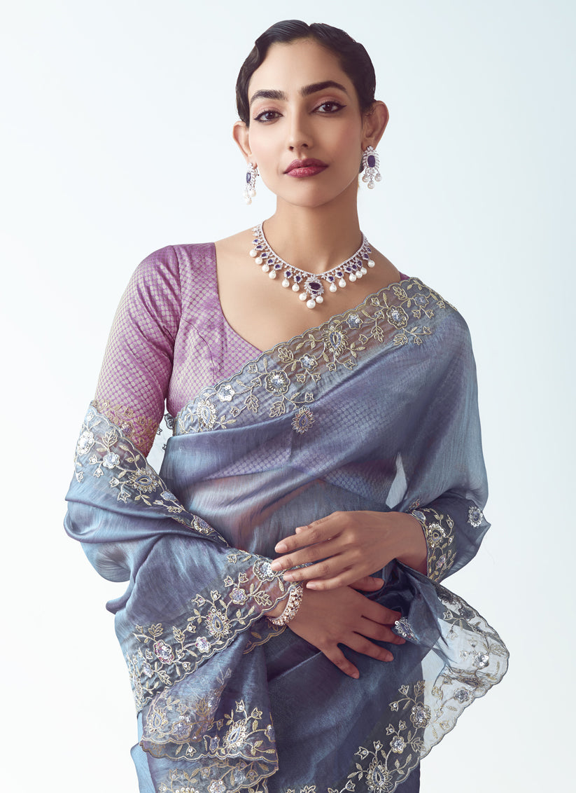 Stunning Slate Blue Tissue Organza Embroidered Wedding Saree