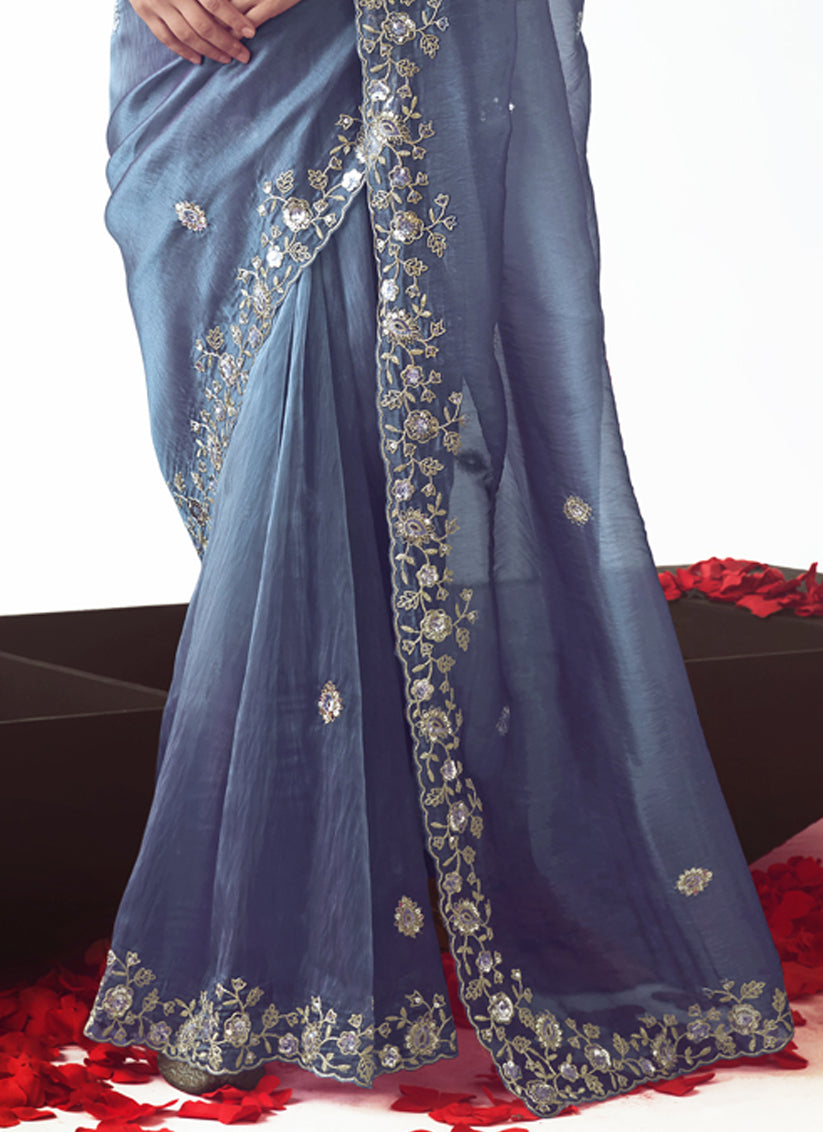 Stunning Slate Blue Tissue Organza Embroidered Wedding Saree