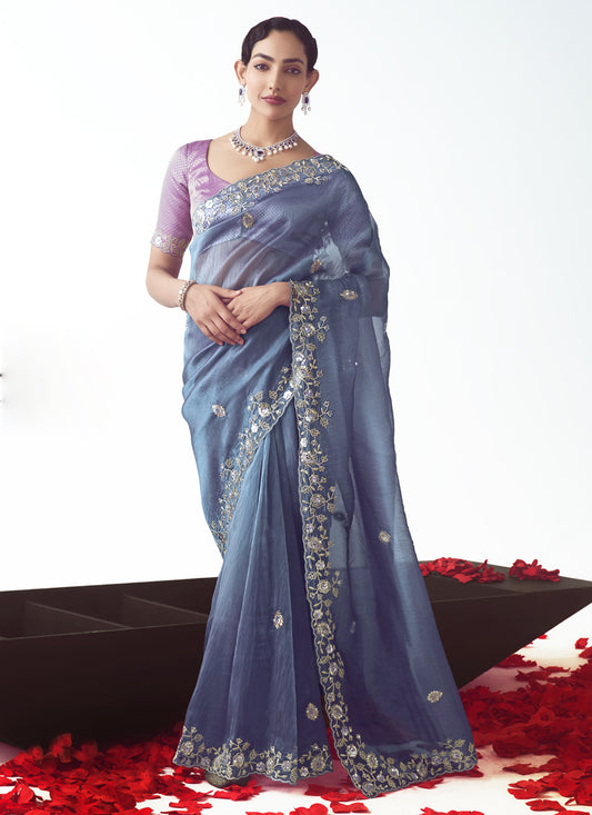 Stunning Slate Blue Tissue Organza Embroidered Wedding Saree