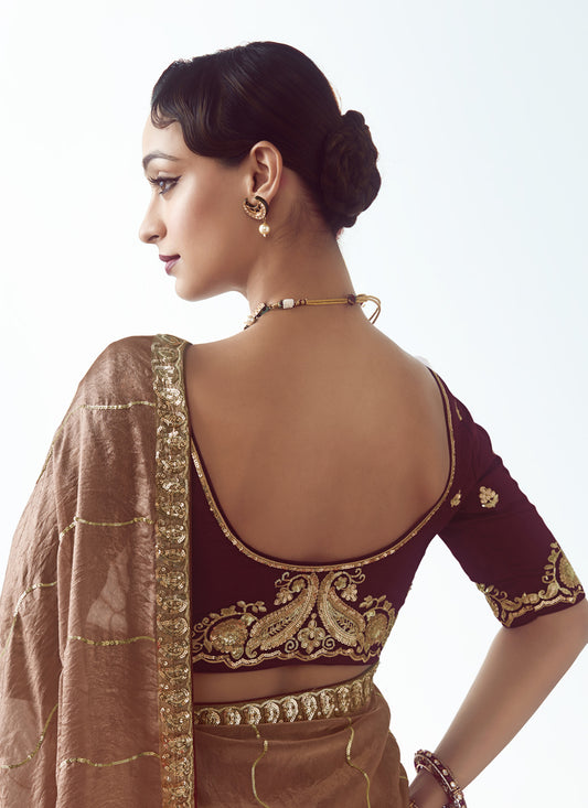 Wonderful Rose Gold Tissue Organza Embroidered Wedding Saree