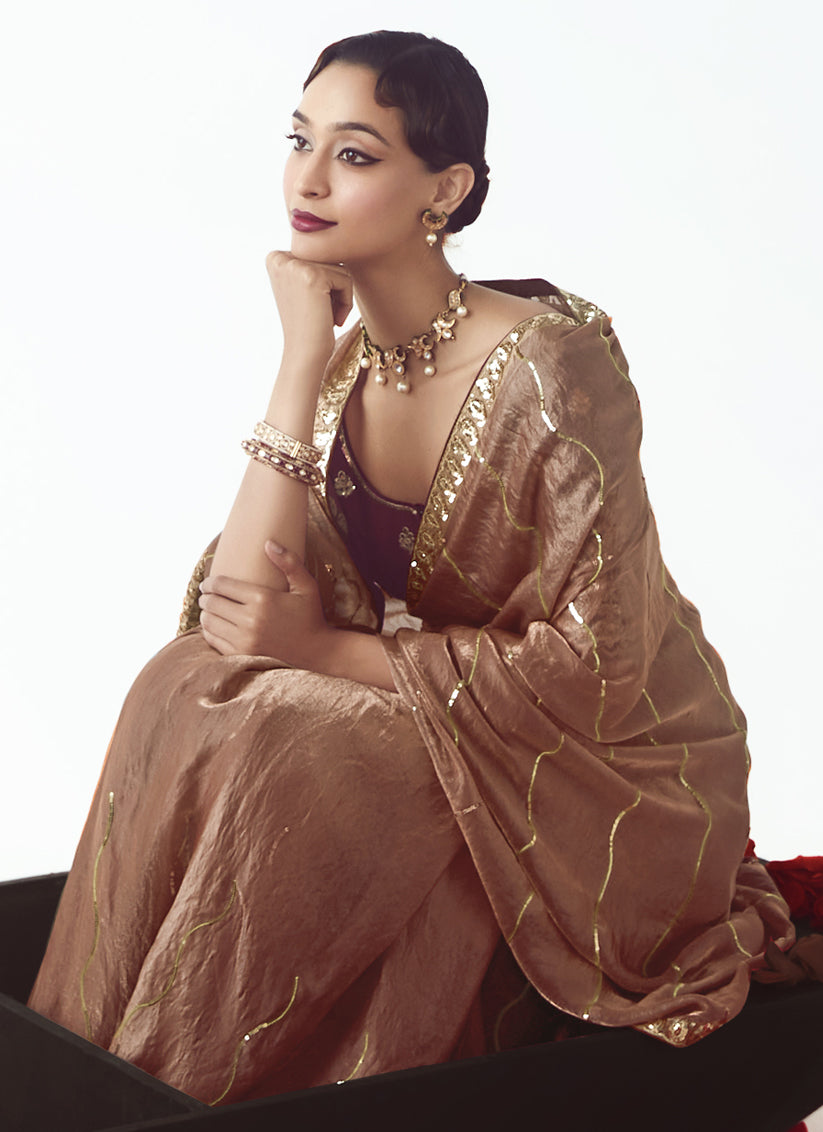 Wonderful Rose Gold Tissue Organza Embroidered Wedding Saree