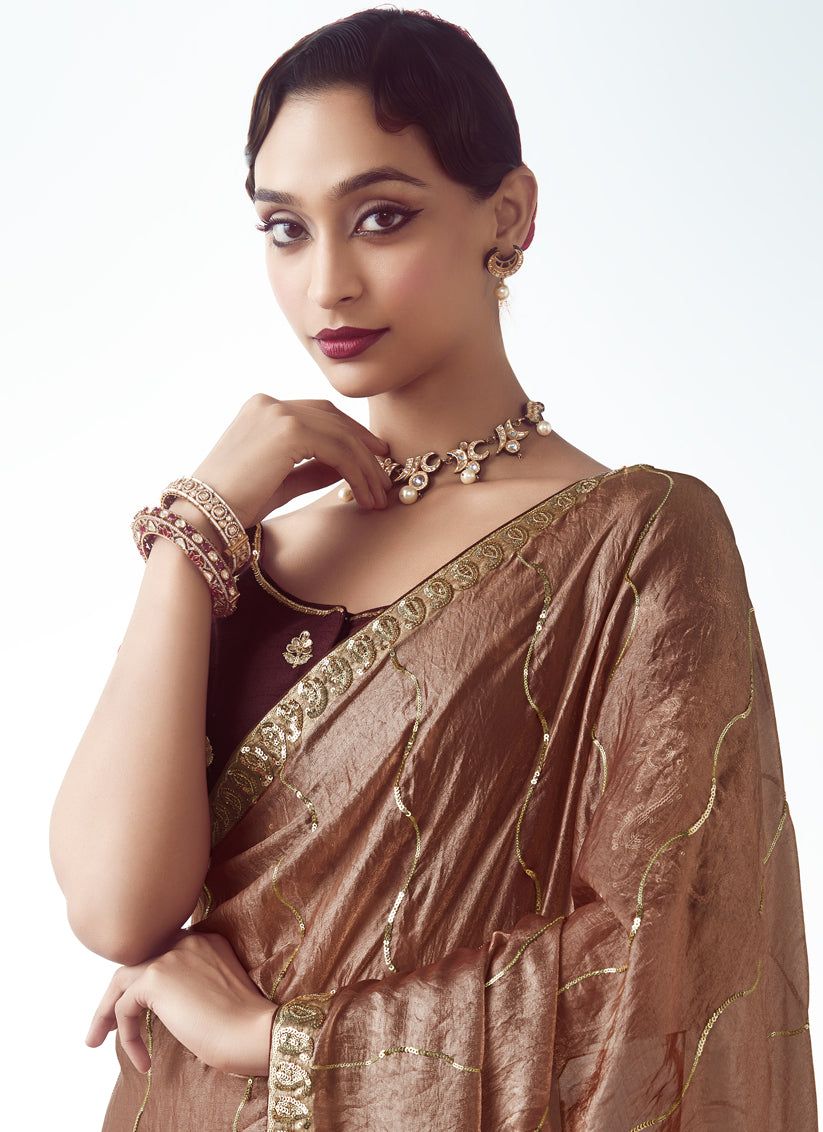 Wonderful Rose Gold Tissue Organza Embroidered Wedding Saree