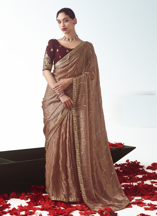 Wonderful Rose Gold Tissue Organza Embroidered Wedding Saree