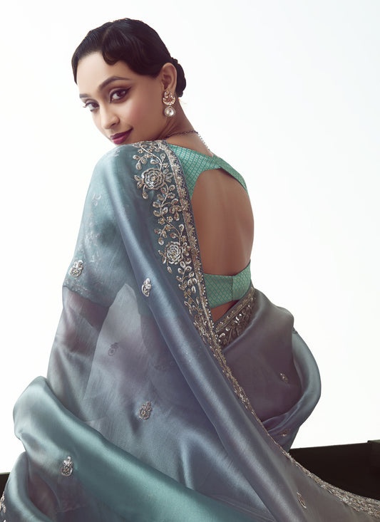 Gorgeous Teal Blue Tissue Organza Embroidered Wedding Saree