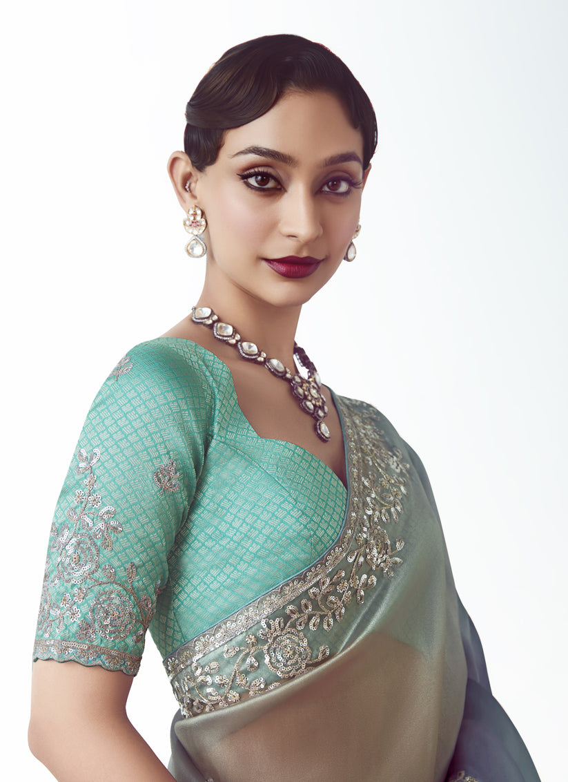 Gorgeous Teal Blue Tissue Organza Embroidered Wedding Saree