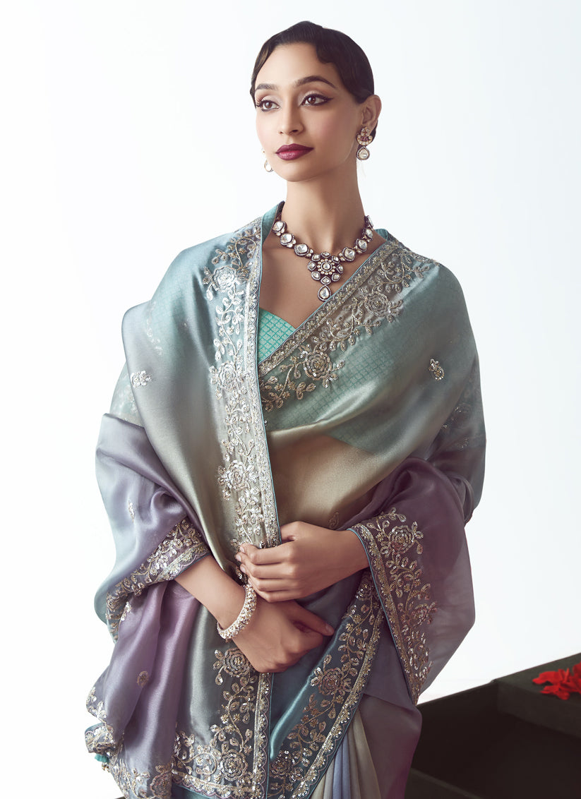 Gorgeous Teal Blue Tissue Organza Embroidered Wedding Saree