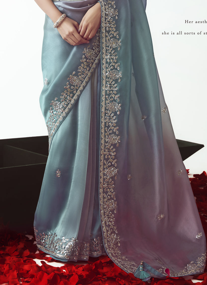 Gorgeous Teal Blue Tissue Organza Embroidered Wedding Saree