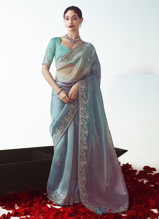 Gorgeous Teal Blue Tissue Organza Embroidered Wedding Saree