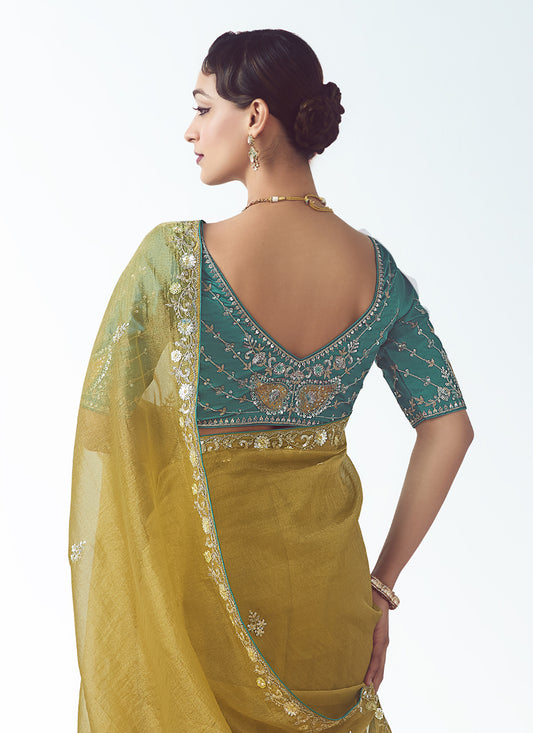 Astonishing Maize Yellow Tissue Organza Embroidered Wedding Saree