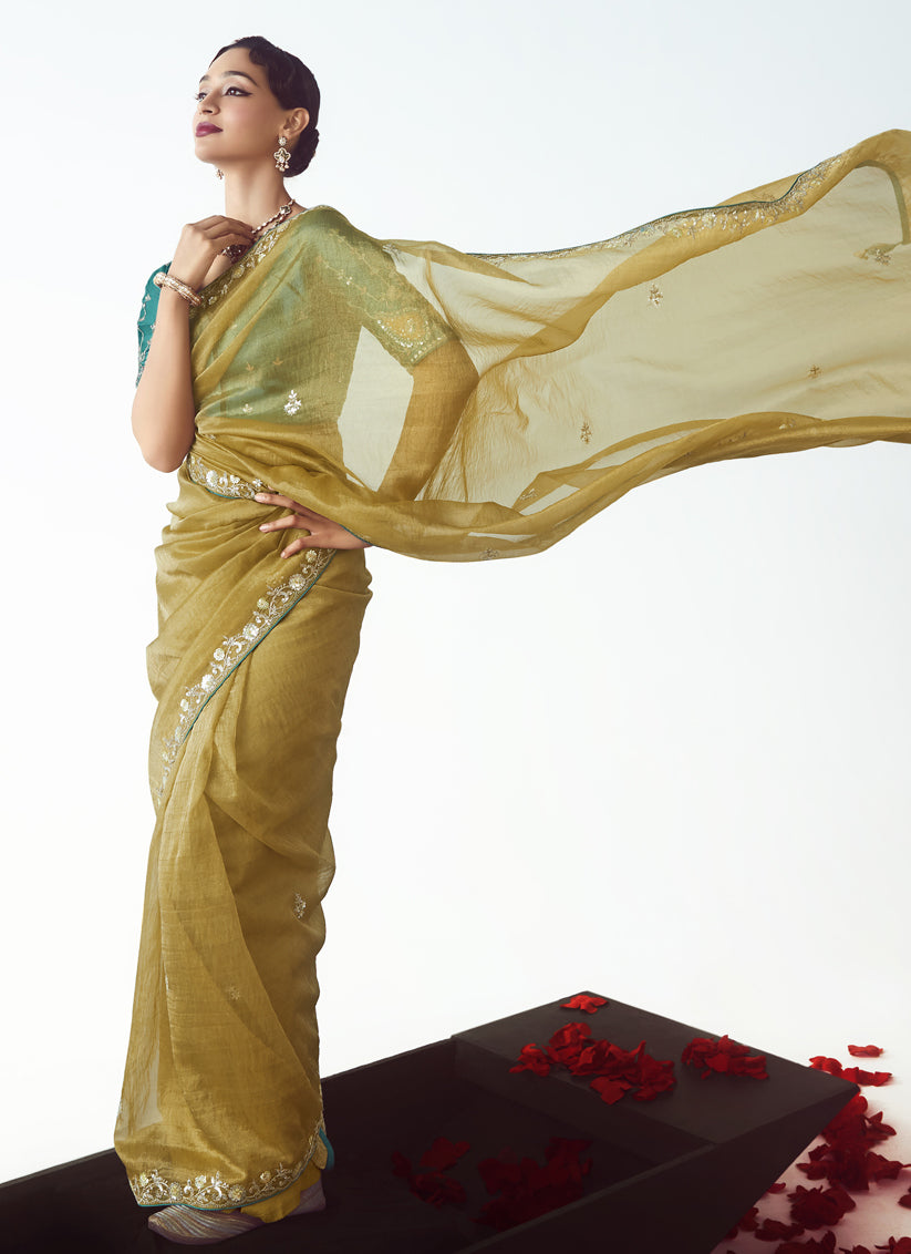 Astonishing Maize Yellow Tissue Organza Embroidered Wedding Saree
