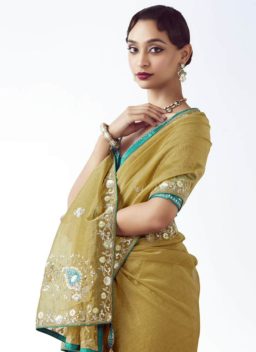 Astonishing Maize Yellow Tissue Organza Embroidered Wedding Saree