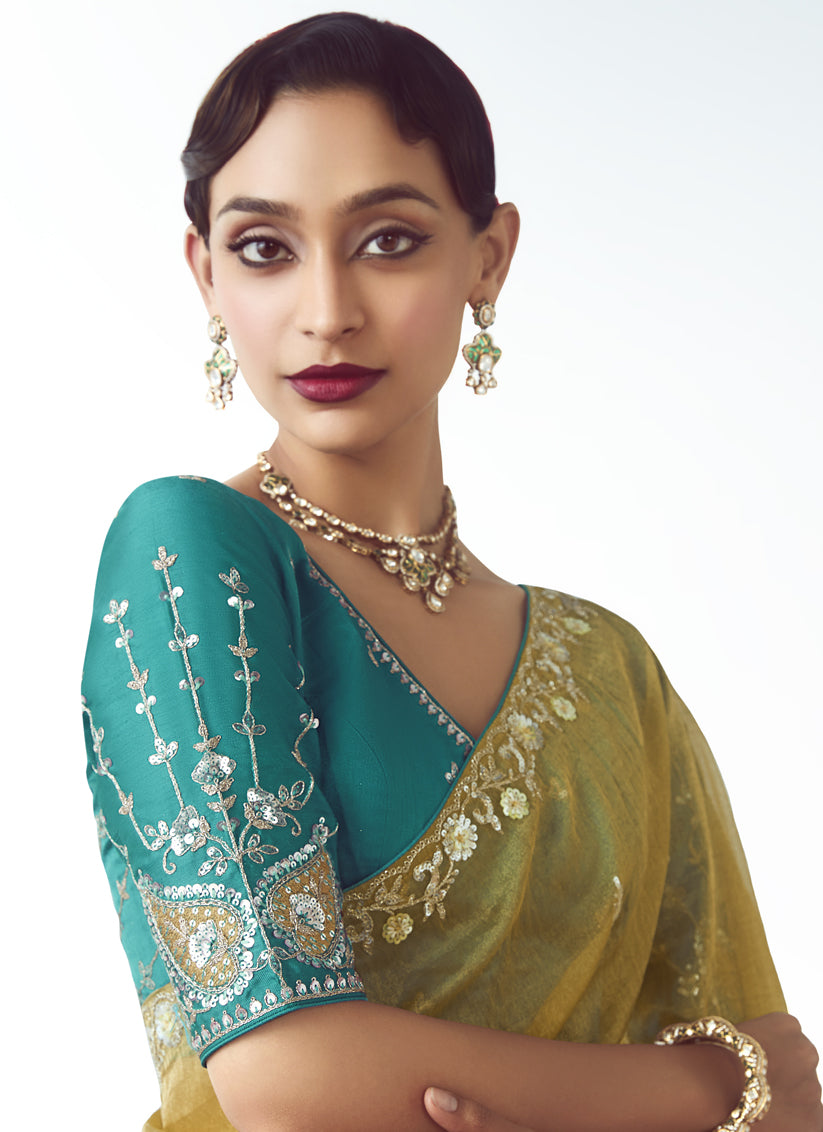 Astonishing Maize Yellow Tissue Organza Embroidered Wedding Saree
